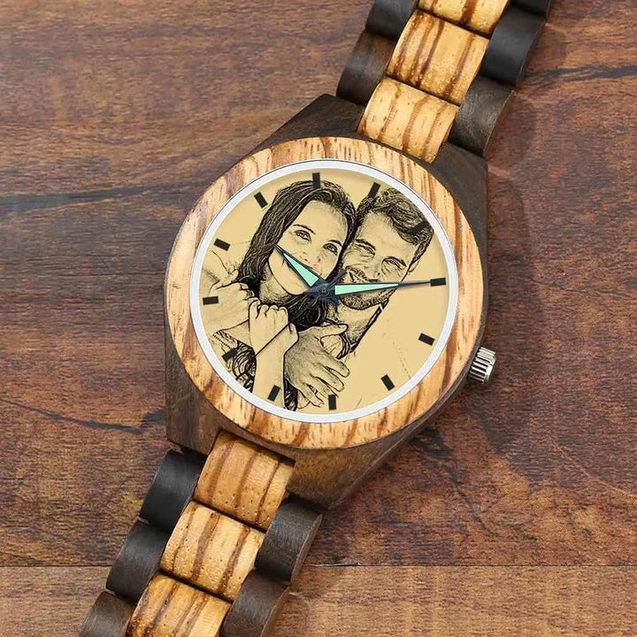 Custom Photo Engraved Wooden Men's Watch Wooden Strap 45mm