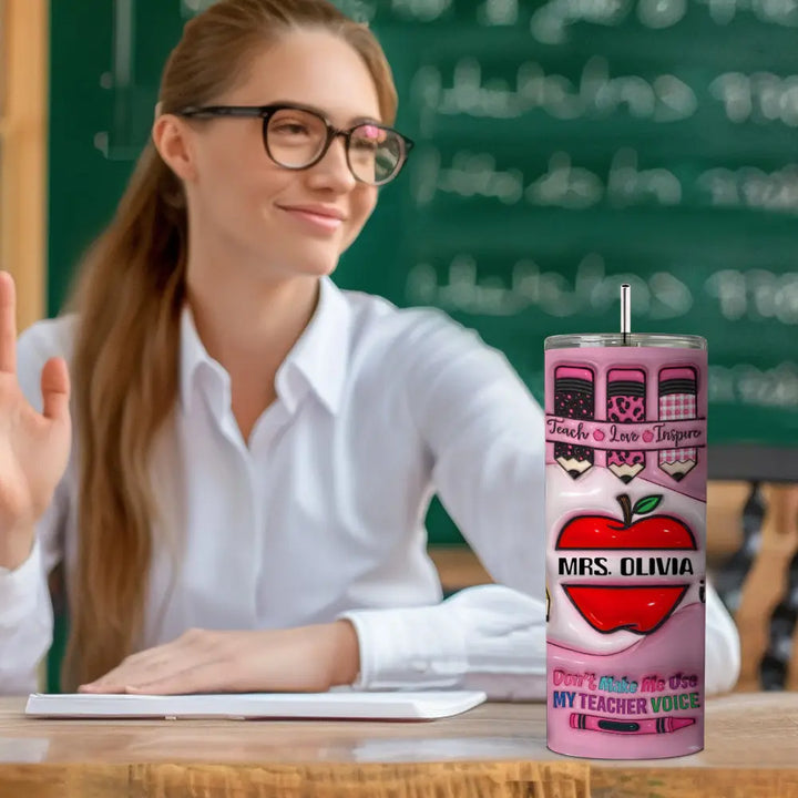 Personalized 3D Apple Pencil Design 20oz Skinny Tumbler Lid and Straw Back to School Gift for Teacher