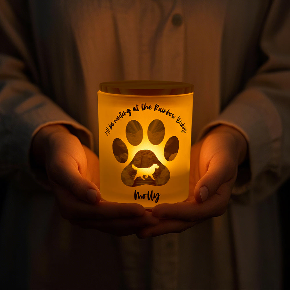 Personalized Dog Silhouette Rainbow Bridge Paw Candle Jar with LED Candle Memorial Gift for Pet Lover