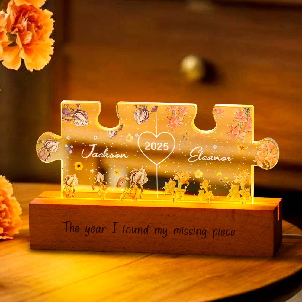 Personalized Couple Puzzle LED Night Light with Birth Flower Night Light Anniversary Gifts for Lover