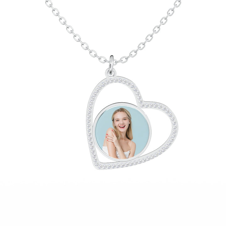 Custom Heart Pendant Inlaid Zircons Photo Necklace