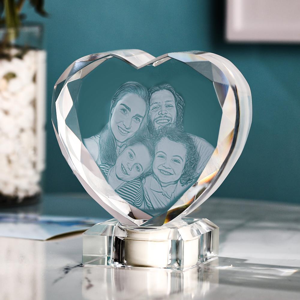 3D Laser Engraved Heart Crystal Photo Frame with Light Up LED Base