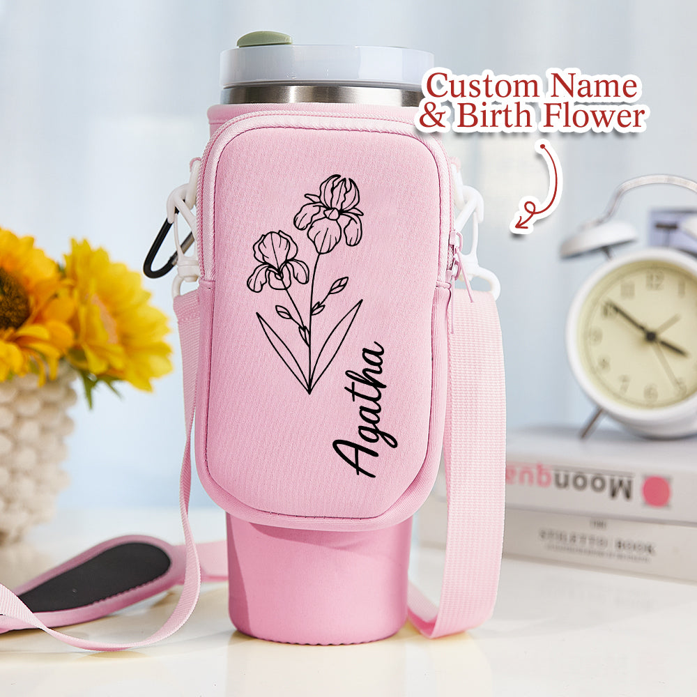 Personalized Birth Flower Waterproof Bottle Carrier Bag for 40oz Stanley Tumbler Gift for Her