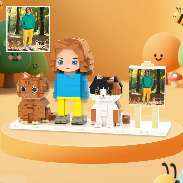 Custom Full-Body Cute Brick Figures of 1 Person and 2 Cats with Frame Personalized Anniversary Gift Birthday Gift