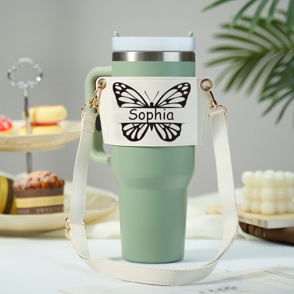 Personalized Butterfly Water Bottle Carrier Bag for 40oz Stanley Tumbler with Adjustable Strap Gift for Women