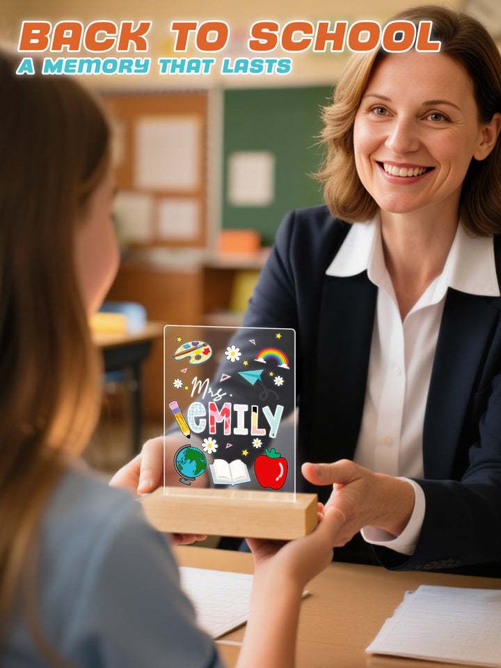 Custom Engraved Back to School Transparent Night Light with Stationery Design White Light Teacher's Day Gift