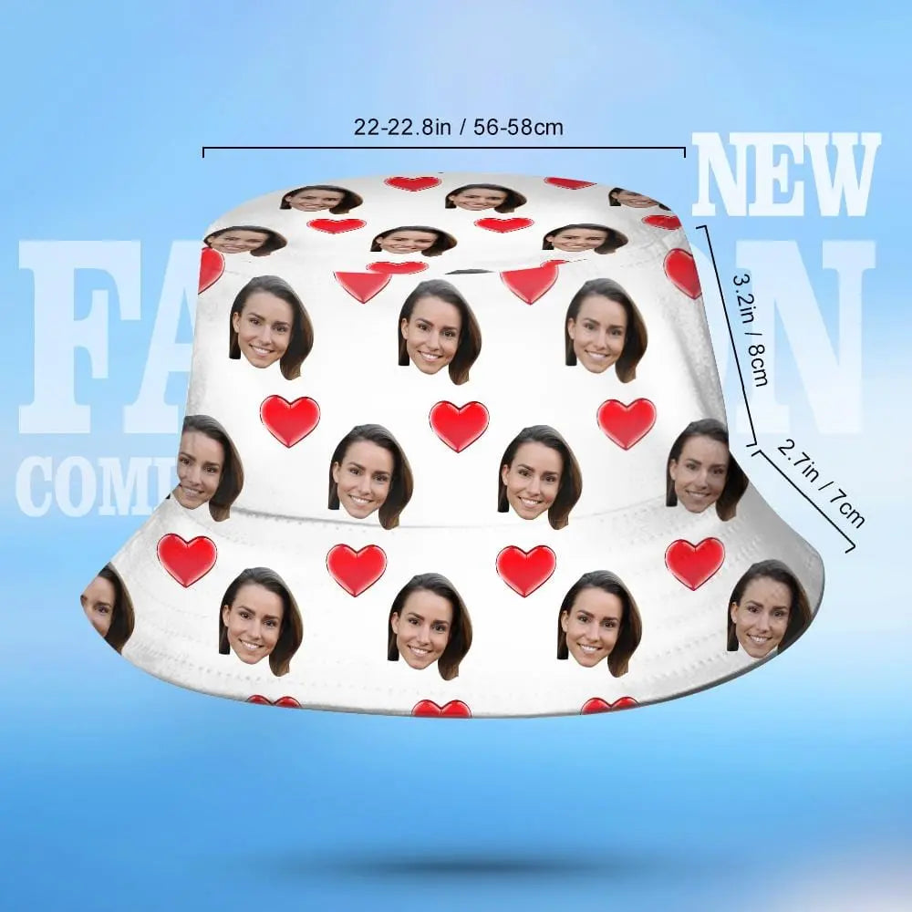Custom Face Bucket Hat Personalized Heart Print Summer Unisex Fisherman Hat