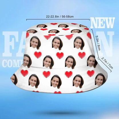 Custom Face Bucket Hat Personalized Heart Print Summer Unisex Fisherman Hat