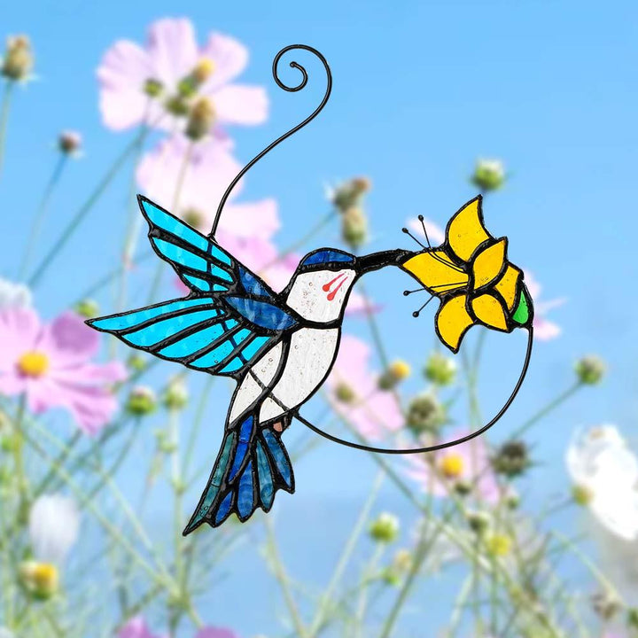 Blue Glass Bird Suncatcher with Yellow Flower Window Decor Handmade Gift