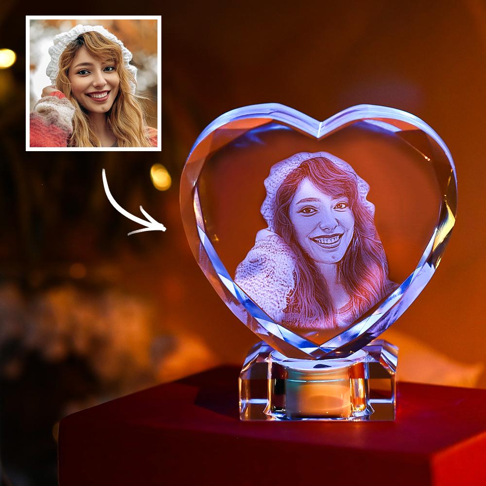 3D Laser Engraved Heart Crystal Photo Frame with Light Up LED Base