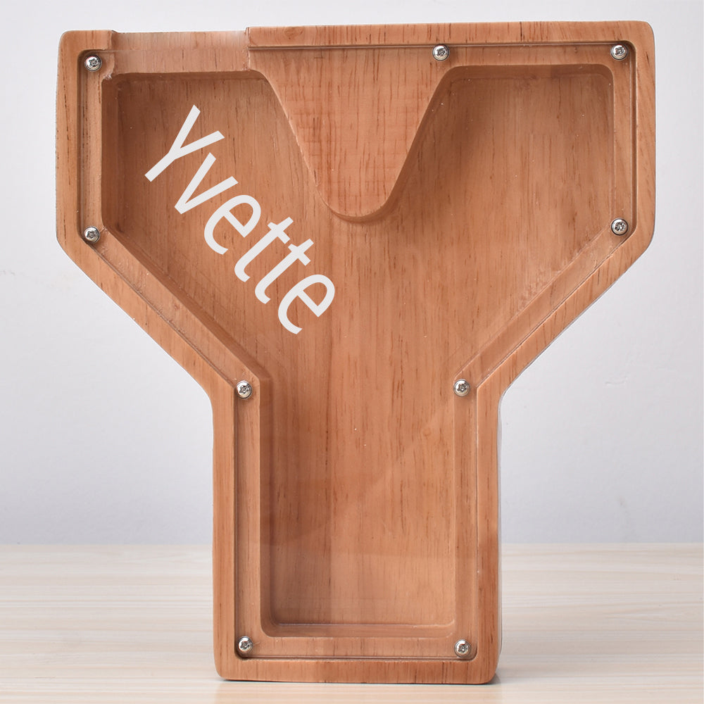 Custom Engraved Name Oak Wooden Letter Piggy Bank