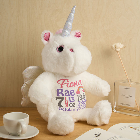 Personalized Unicorn Plush Stuffed Animal Birth Announcement Gift for Baby Shower