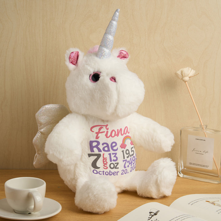 Personalized Unicorn Plush Stuffed Animal Birth Announcement Gift for Baby Shower