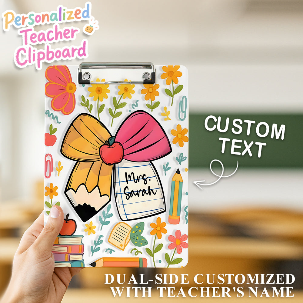 Custom Text Name Folder with Flower, Pencil & Bow Design – Teacher's Day & Back to School Gift