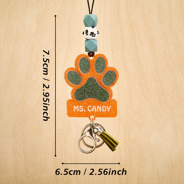 Personalized Glitter Paw ID Badge Lanyard with Text Beads Tassels Badge Lanyard Gift for Teacher Pet Lover