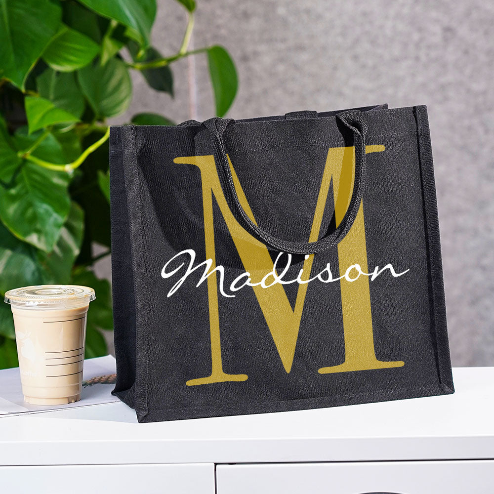 Personalized Black Canvas Bag with Name and Initial Birthday Wedding Party Gift for Women