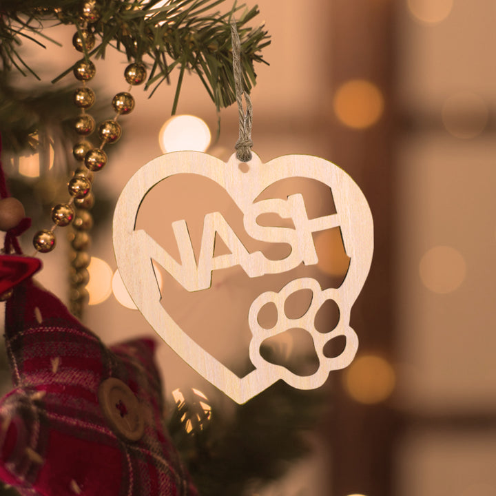 Personalized Wood Heart Dog Paw Name Christmas Ornament