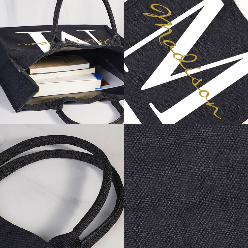 Personalized Black Canvas Bag with Name and Initial Birthday Wedding Party Gift for Women