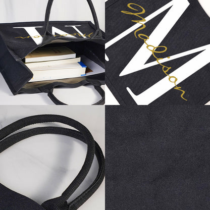 Personalized Black Canvas Bag with Name and Initial Birthday Wedding Party Gift for Women
