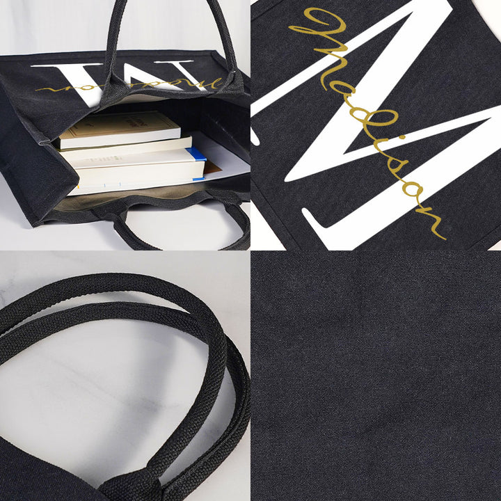 Personalized Black Canvas Bag with Name and Initial Birthday Wedding Party Gift for Women