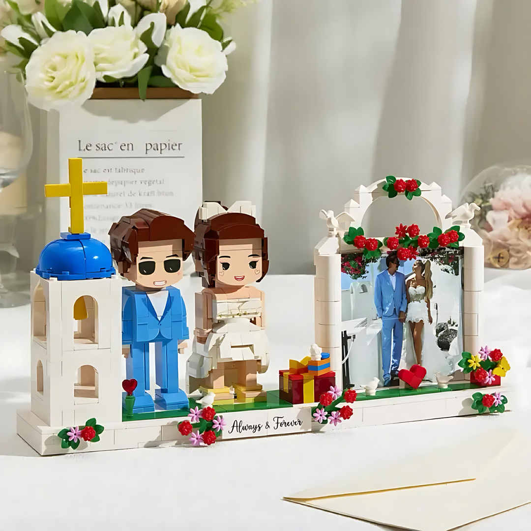 Full-body Custom 2 People Cute Brick Figures with Photo Frame Church Wedding Gift for Couple