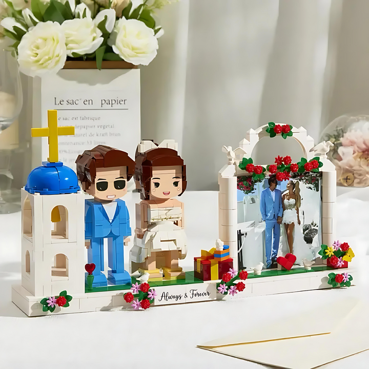 Full-body Custom 2 People Cute Brick Figures with Photo Frame Church Wedding Gift for Couple