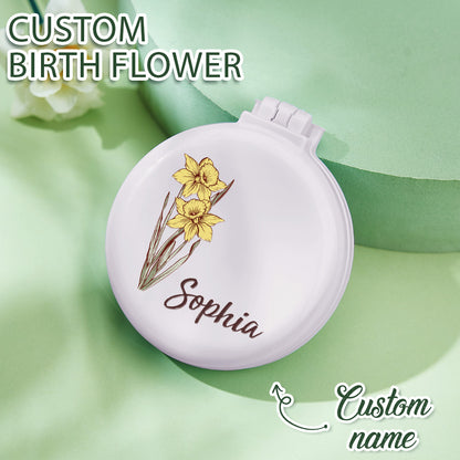 Personalized Cushion Mirror Comb Birth Flower Foldable Mirror with Hair Brushes Gift for Her
