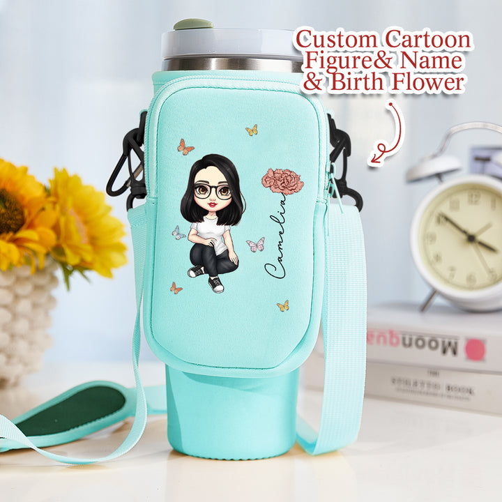 Personalized Cartoon Birth Flower Waterproof Bottle Carrier Bag for 40oz Stanley Tumbler Gift for Her
