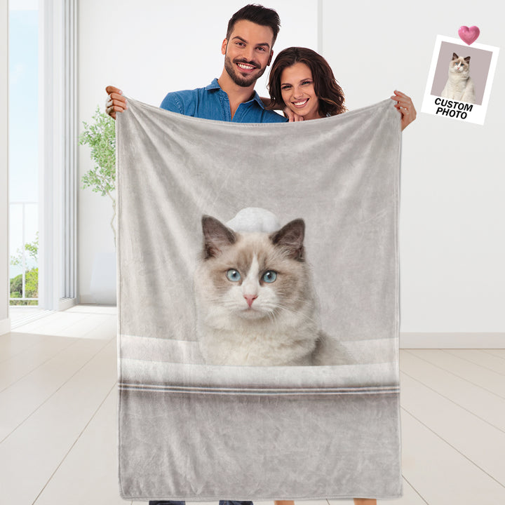 Personalized Photo Blanket Custom Cat Pet Human in Bathtub Funny Blanket for Sofa Bed
