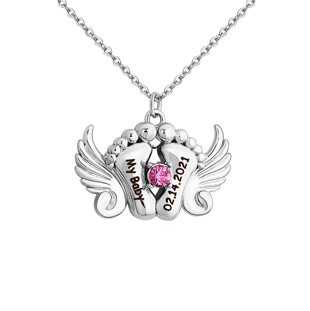Personalized Angel Feet Locket Birthstone Necklace - 3 Colors
