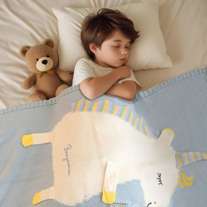 Personalized Knitted Blanket Unicorn Blanket with Embroidered Name Gift for Baby