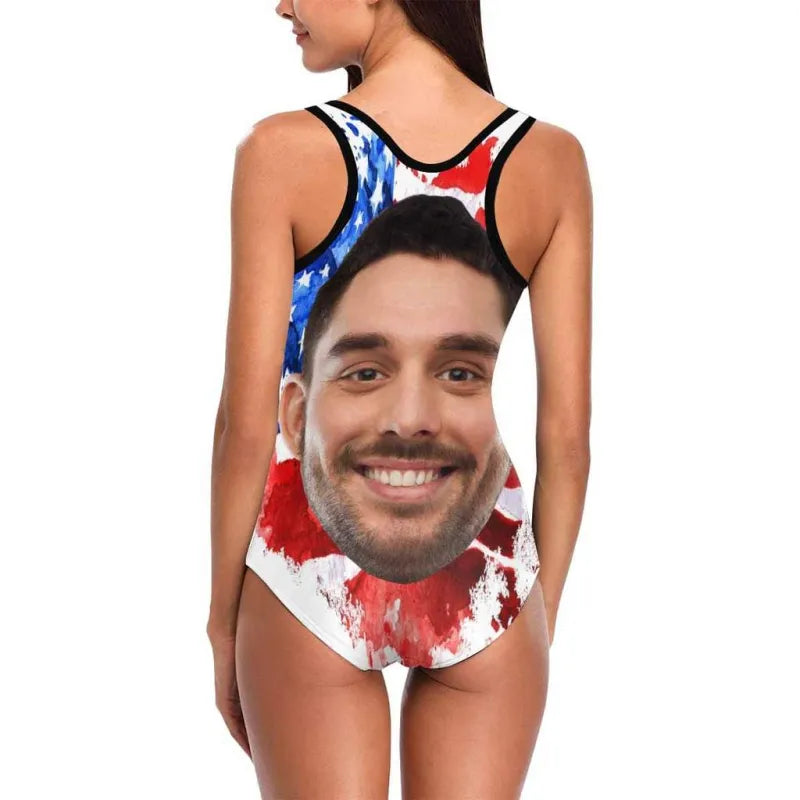 Custom Swimwear Boyfriend Face One Piece Bathing Suit Husband Face American Flag Swimsuit