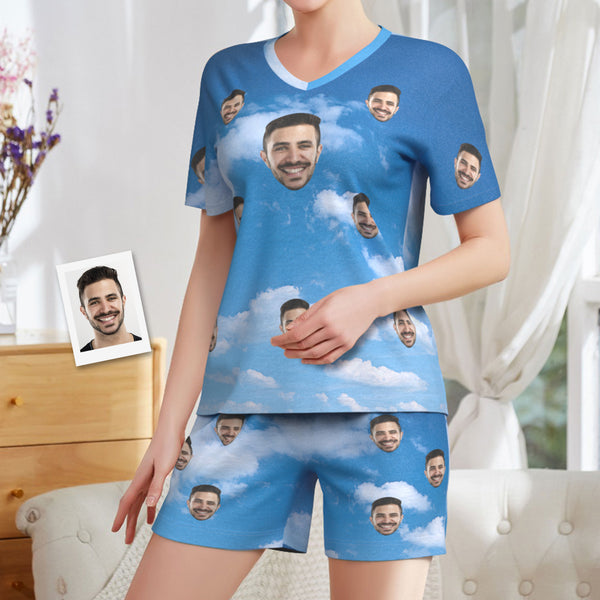 Customized Face Pyjamas Blue Sky Short Pajama Set for Women