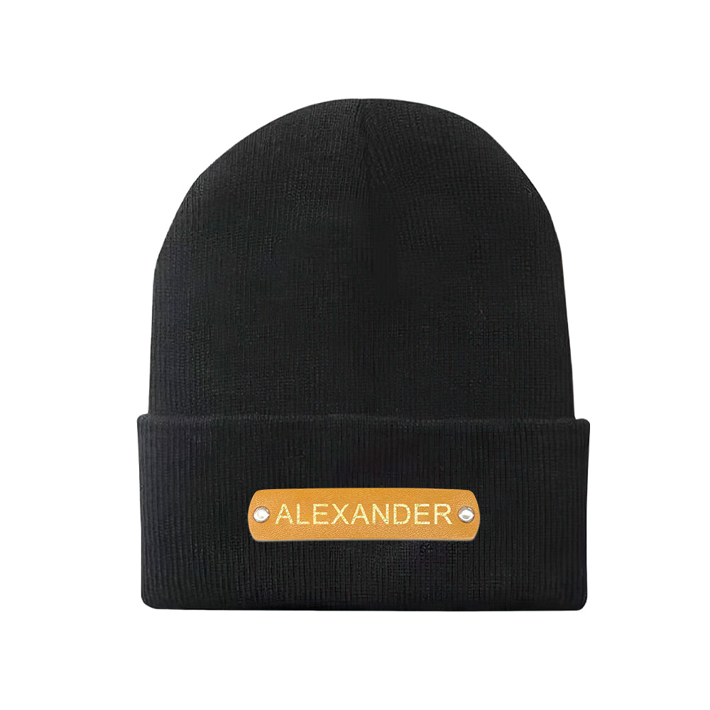 Custom Name Leather Patch Beanie Personalized Adult Winter Hat