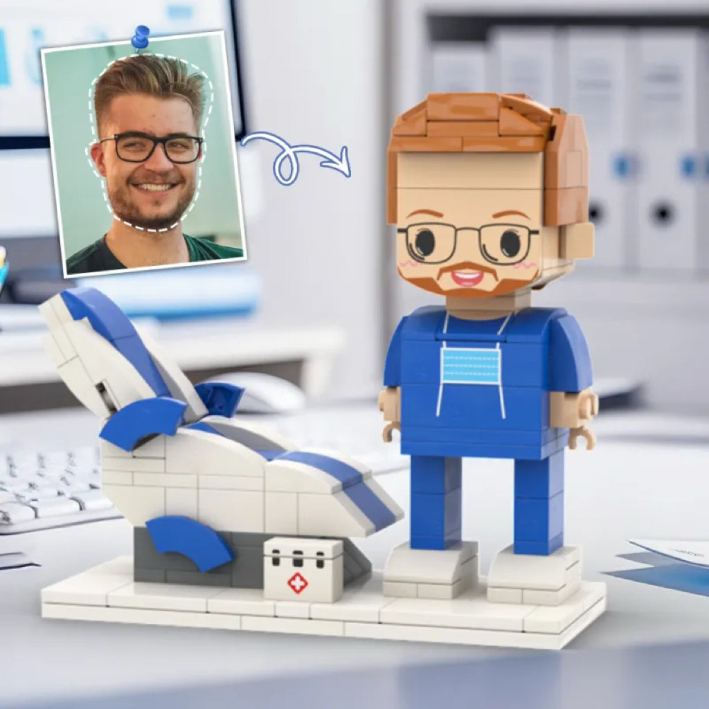 Personalized Head Custom Text Brick Figures Wearing Blue Uniform with Medical Recliner Chair Doctor's Day Gift Career Gift
