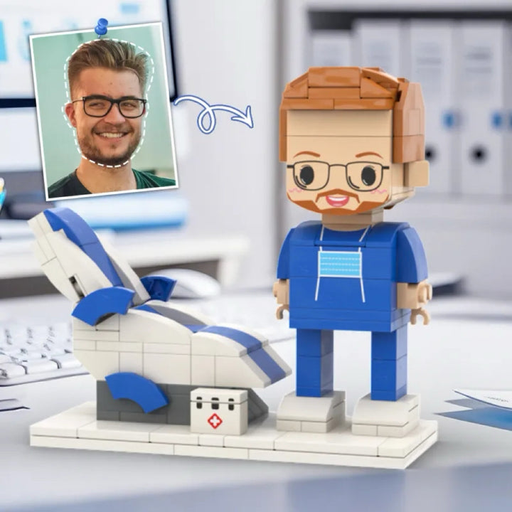 Personalized Head Custom Text Brick Figures Wearing Blue Uniform with Medical Recliner Chair Doctor's Day Gift Career Gift