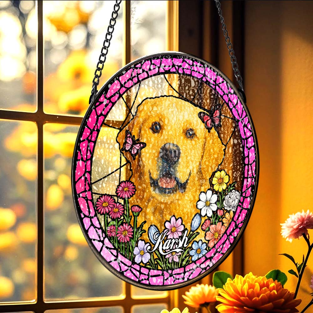 Custom Pet Portrait Stained Glass Suncatcher – Personalized Pet Keepsake Memorial Gift for Dog & Cat Lovers