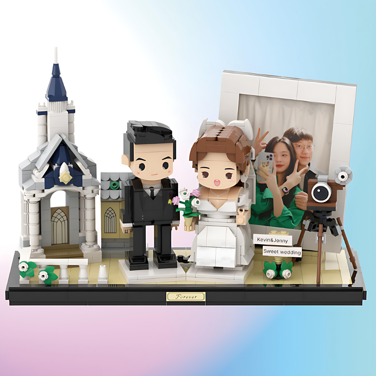 Full-body Custom Wedding Gift for 2 People Cute Brick Figures with Photo Frame and Church Valentines Gift