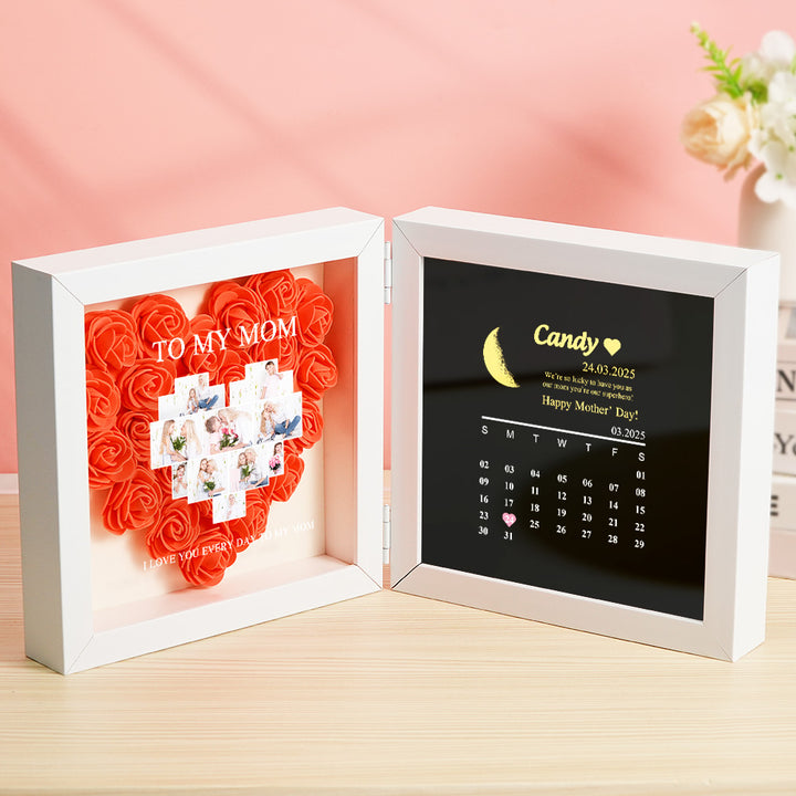 Personalized Flower Shadow Box with Moon Phase Calendar Hearts Flower Box Mother's Day Gift for Mom