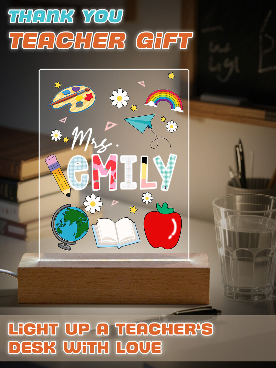 Custom Engraved Back to School Transparent Night Light with Stationery Design White Light Teacher's Day Gift