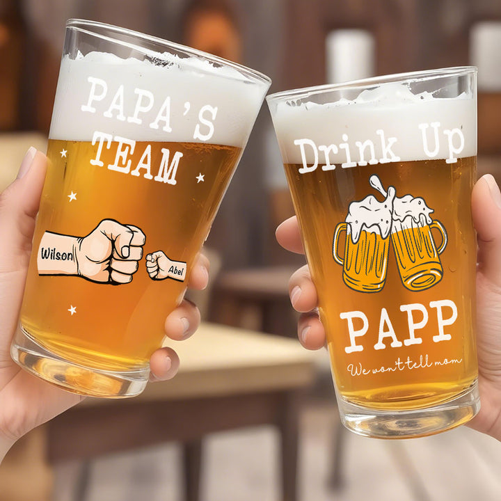 Personalized Beer Glass Drink Up Dad, We Won't Tell Mom Fist Beer Glass Gift for Dad Grandpa