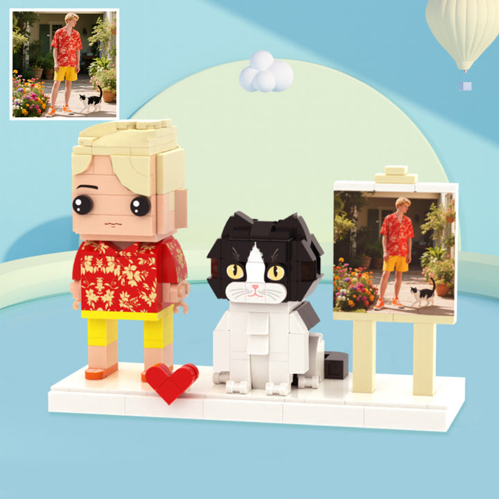 Custom Full-Body Brick Figures of 1 Person and Cat with Frame Personalized Anniversary Gift Birthday Gift