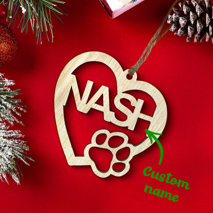 Personalized Wood Heart Dog Paw Name Christmas Ornament
