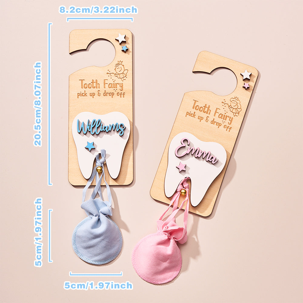 Personalized Tooth Fairy Door Hanger with Money Slot and Velvet Pouch Birthday Gift for Kids