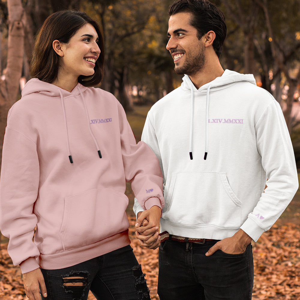Custom Engraved Hooded Embroidery Round Neck Roman Numeral Date Couple Gifts