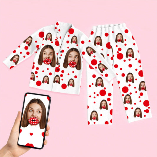 Custom Face Red Lips Long Sleeve Unisex Pajamas Set