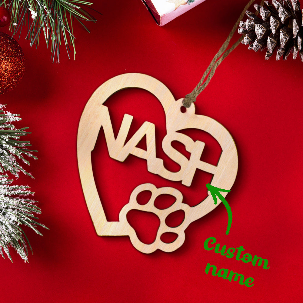 Personalized Wood Heart Dog Paw Name Christmas Ornament