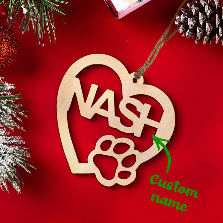 Personalized Wood Heart Dog Paw Name Christmas Ornament