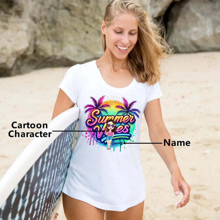 Personalized Cartoon Summer Vibes T-shirt with Name T-shirt Holiday Gift for Her