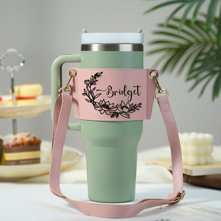Personalized Floral Pattern Water Bottle Carrier Bag with Adjustable Strap for 40oz Stanley Tumbler Gift for Her